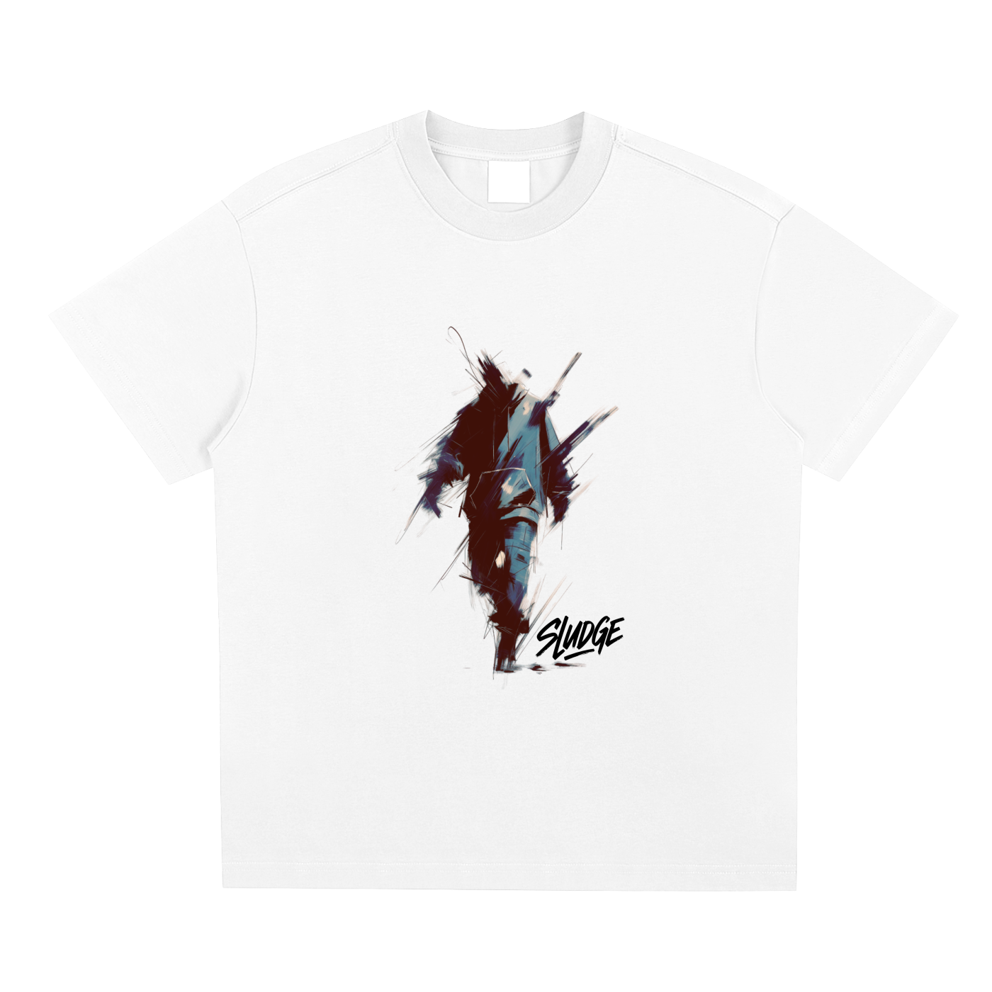White t-shirt with a graphic design of a character and the word 'Sludge' on a white background