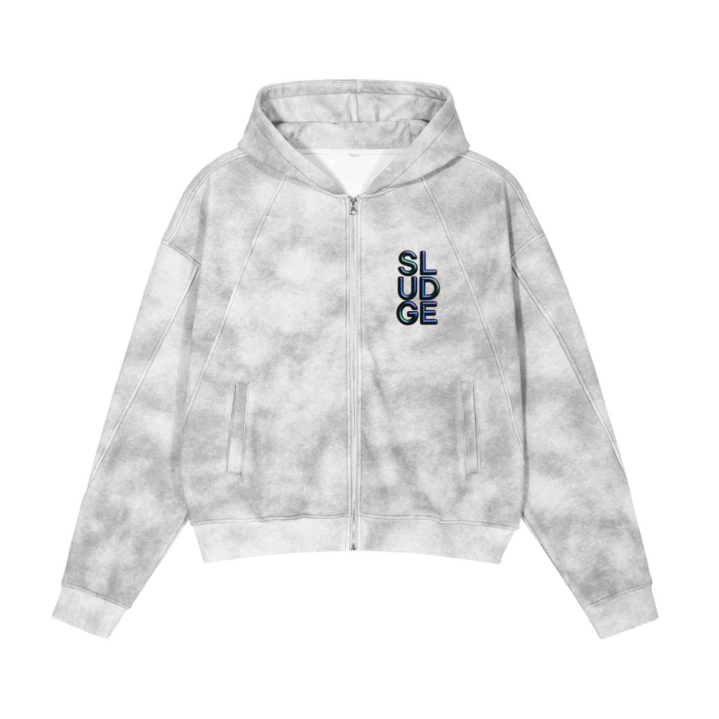 Gray tie-dye hoodie with 'SLUDGE' logo on a white background