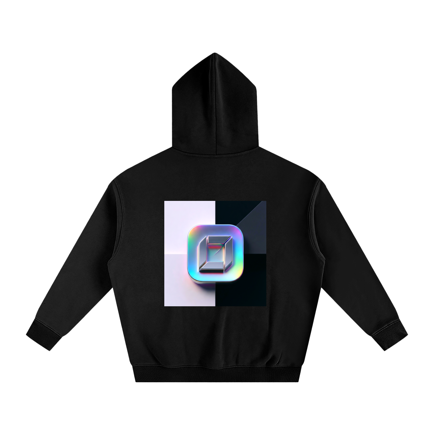 Black hoodie with a colorful geometric design on the back against a white background