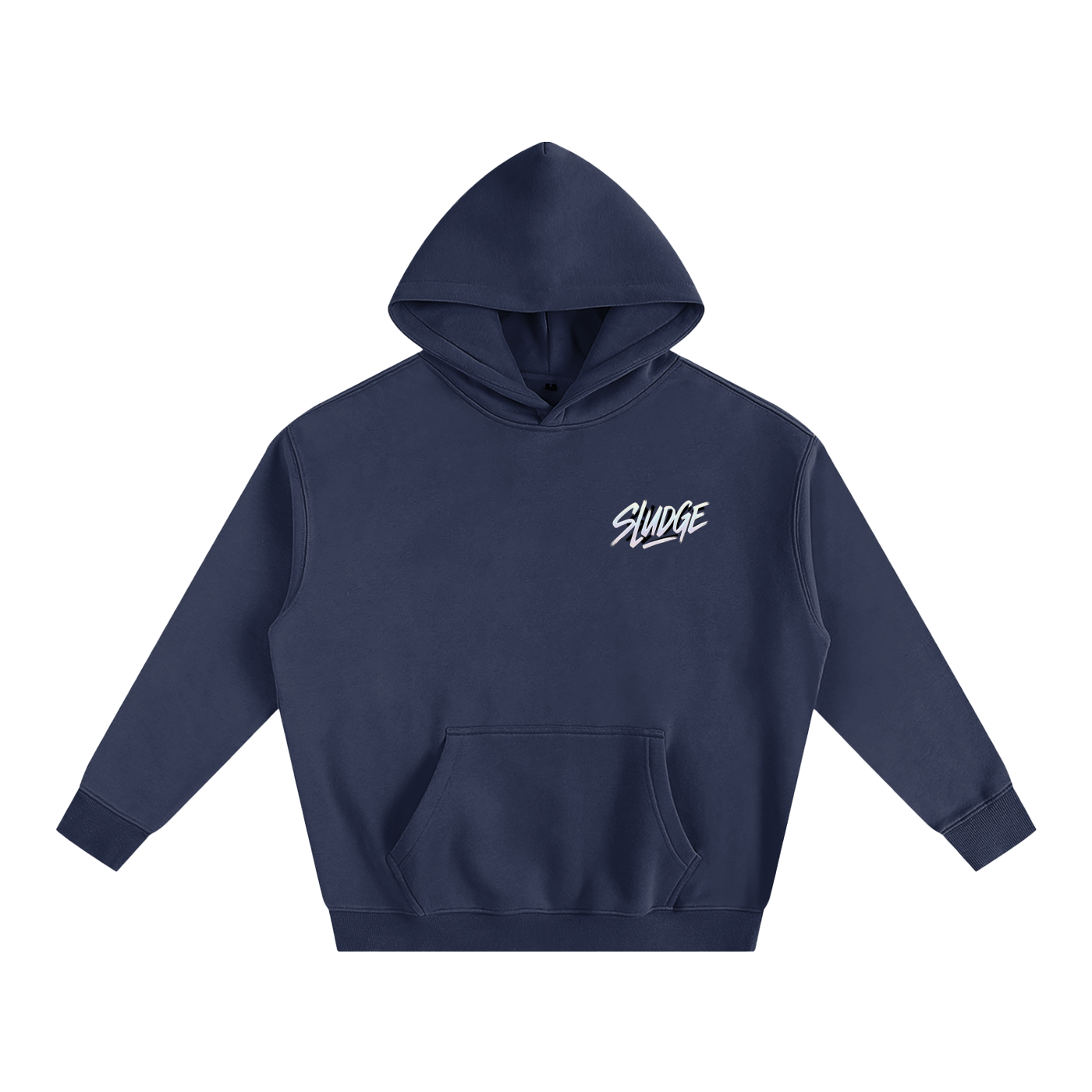 Navy hoodie with 'Sludge' logo on a white background