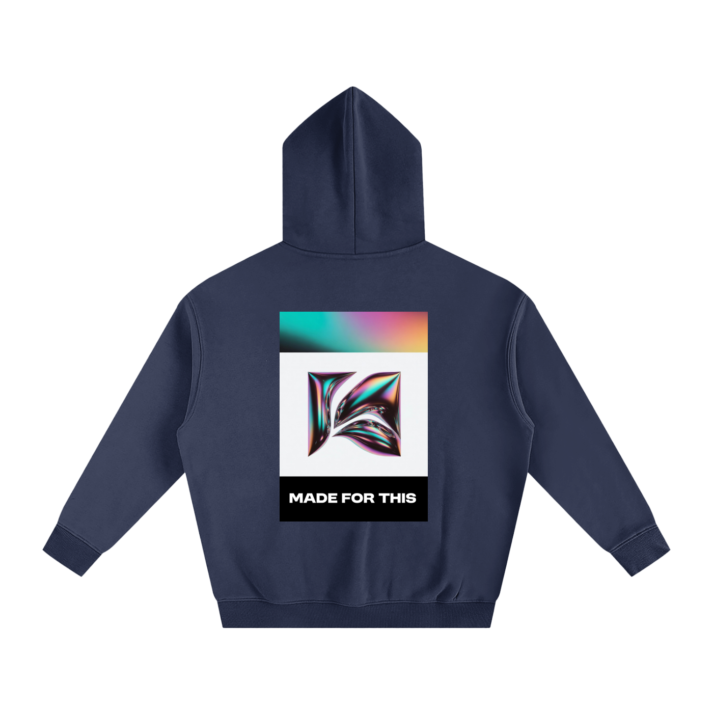 Navy blue hoodie with a colorful graphic and text on the back against a white background