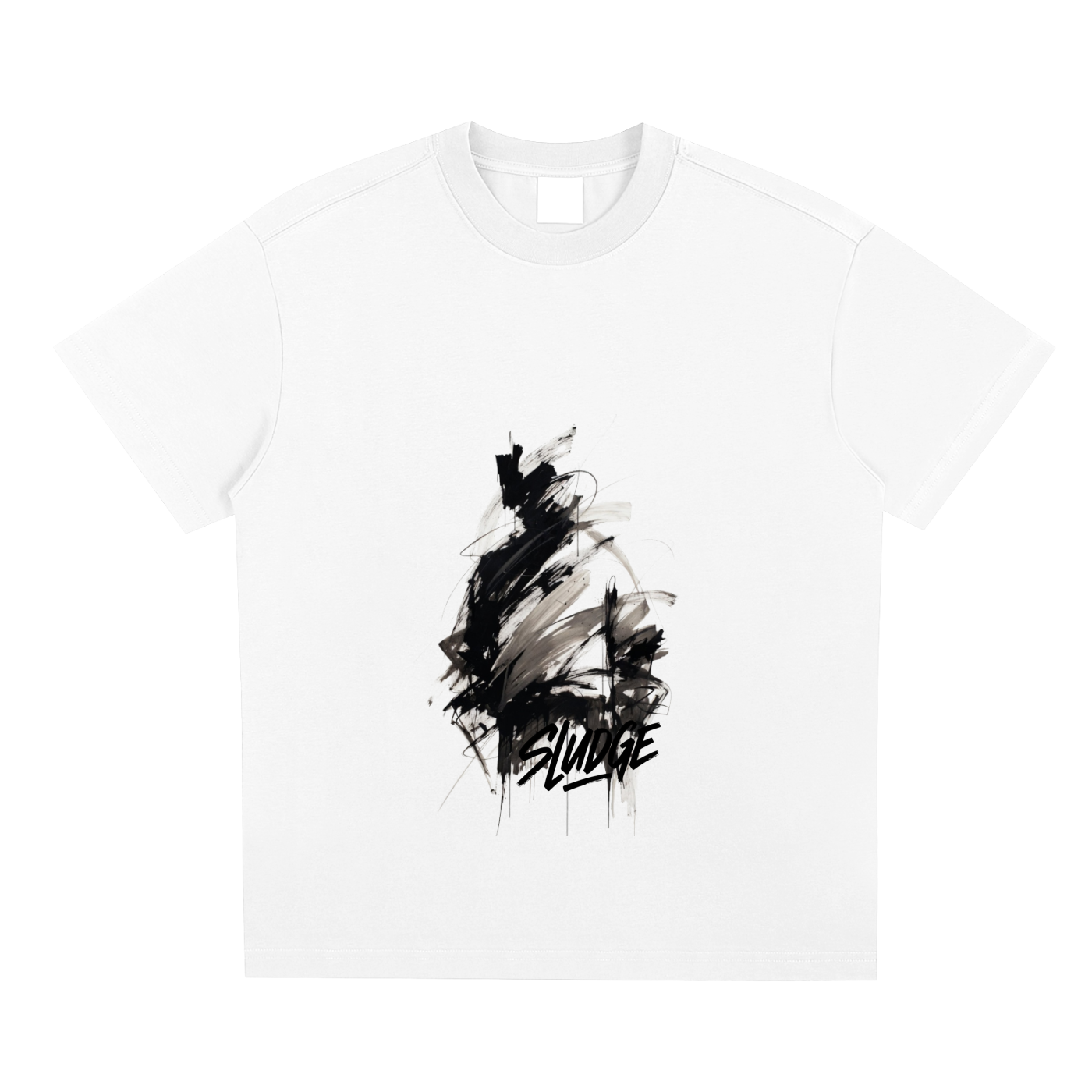 White t-shirt with black abstract design on a white background