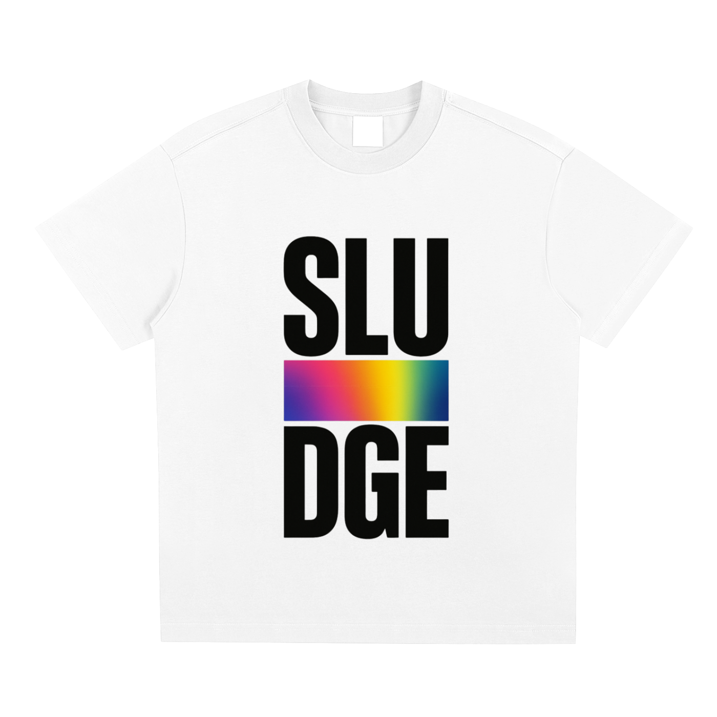 White t-shirt with 'SLUDGE' text and rainbow graphic on a white background