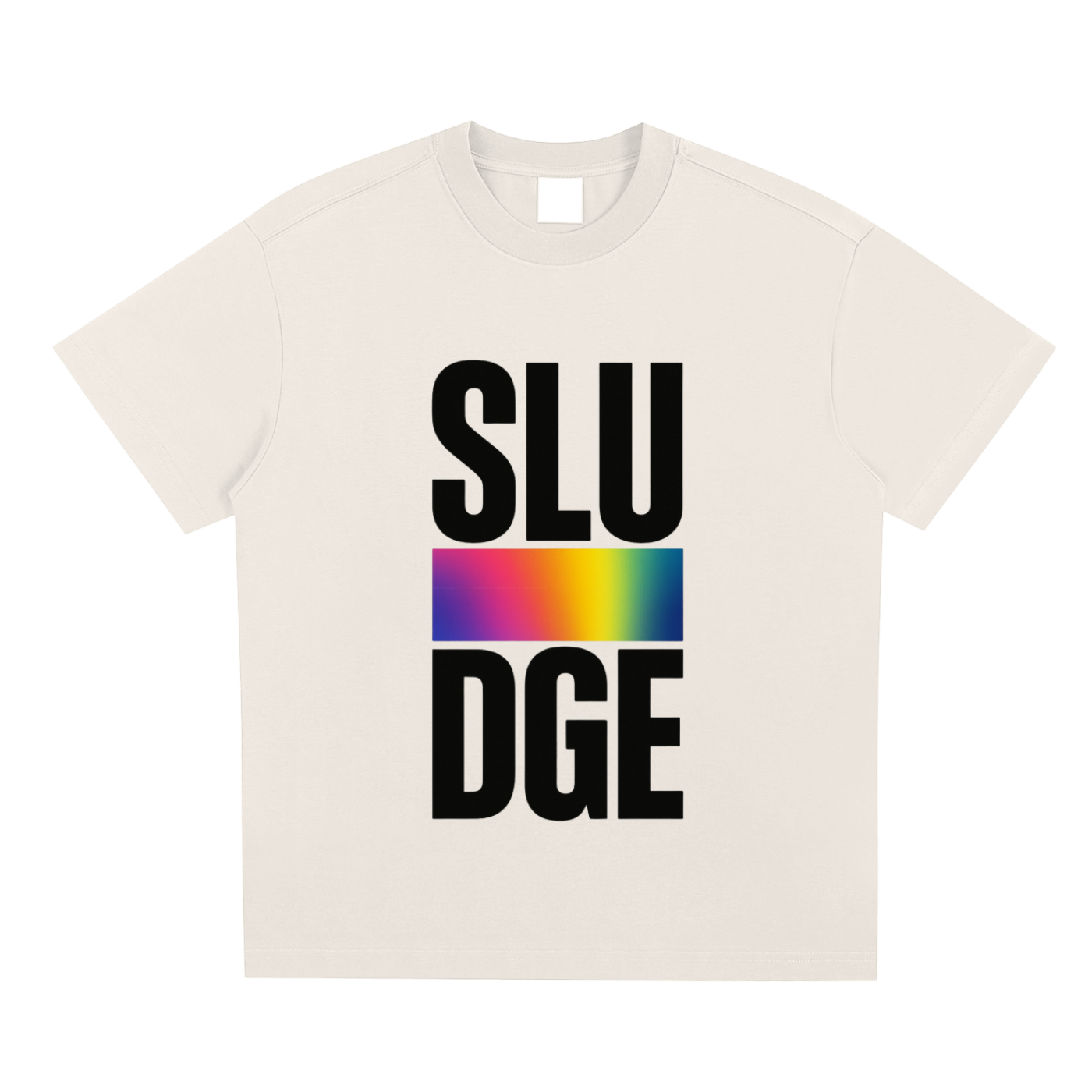 Apricot t-shirt with 'SLUDGE' text and rainbow color block on a white background