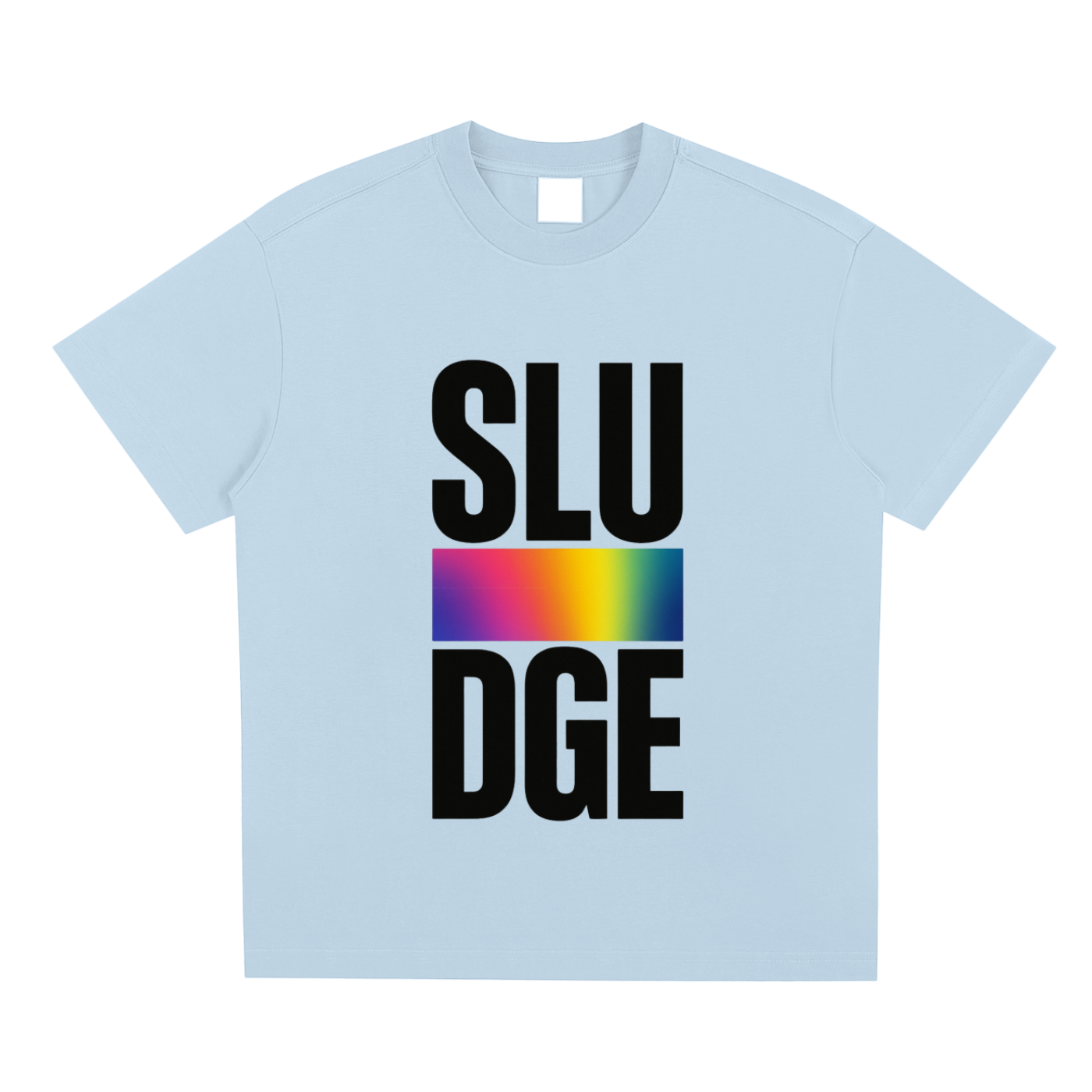Light blue t-shirt with 'SLUDGE' text and rainbow design on a white background