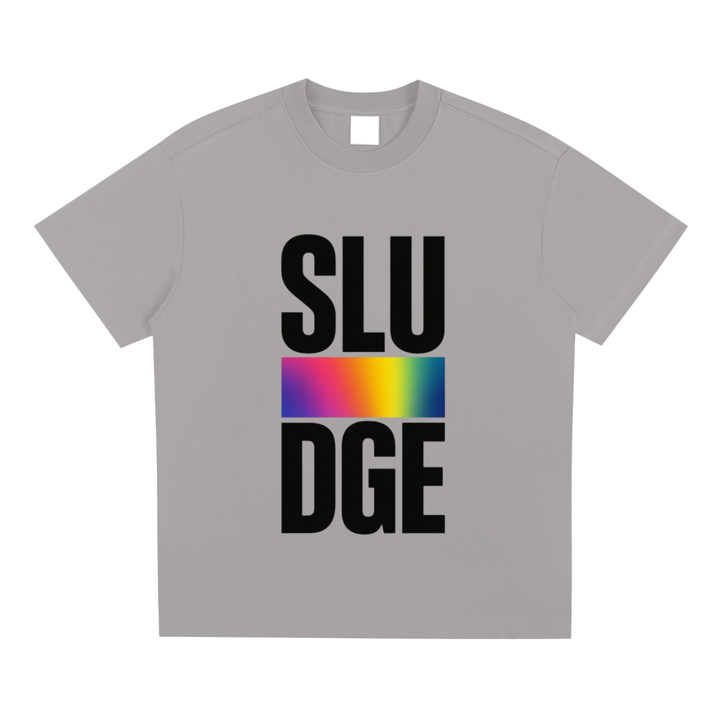 Grey t-shirt with 'SLUDGE' text and rainbow design on a white background