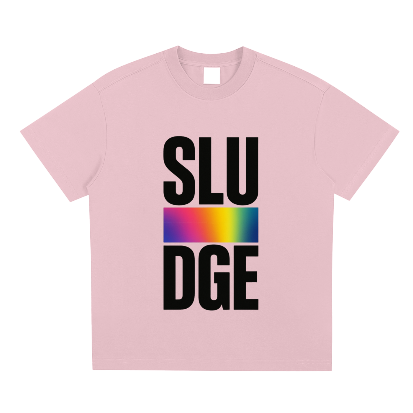 Pink t-shirt with 'SLUDGE' text and rainbow design on a white background