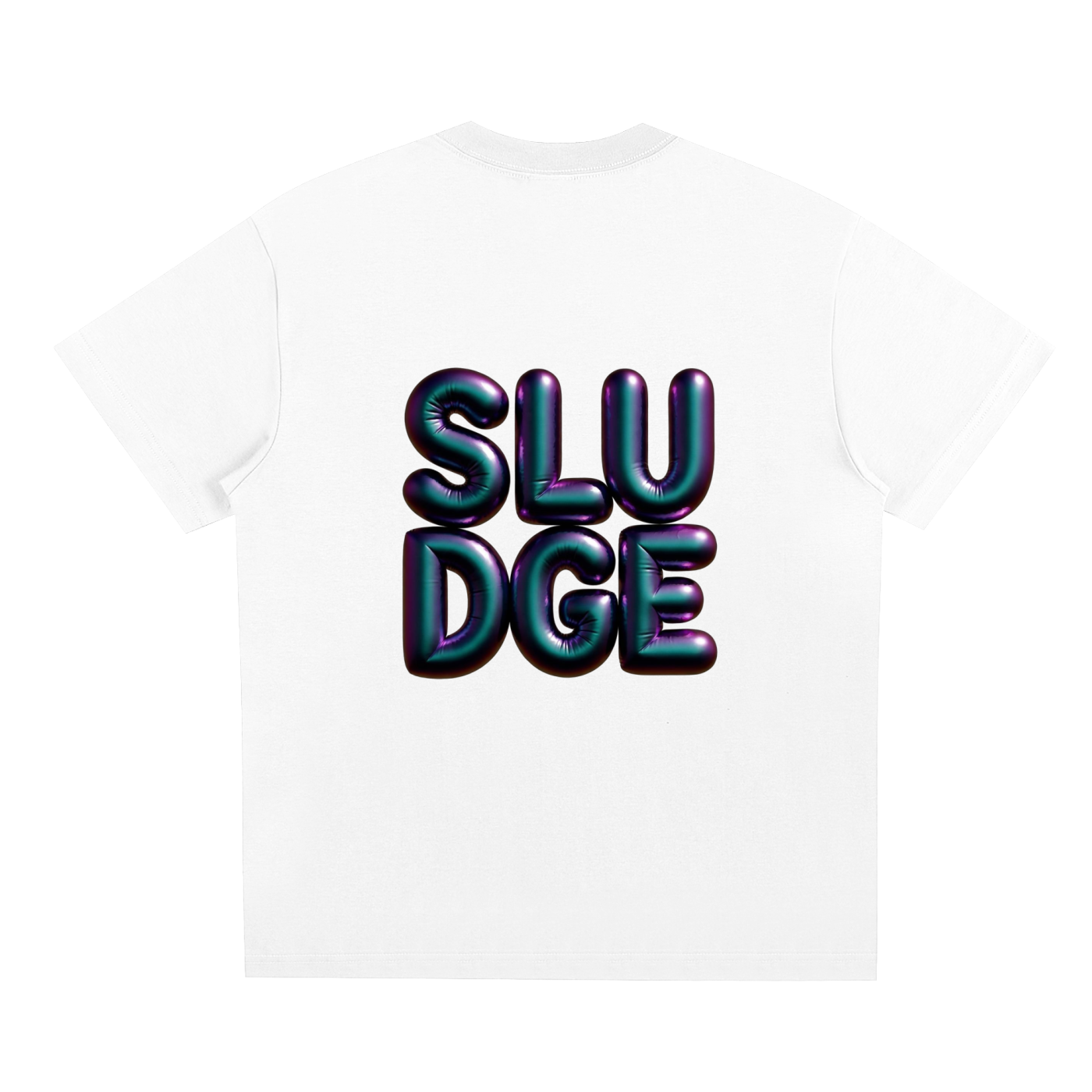 White t-shirt with 'SLUDGE' text in colorful letters on a white background