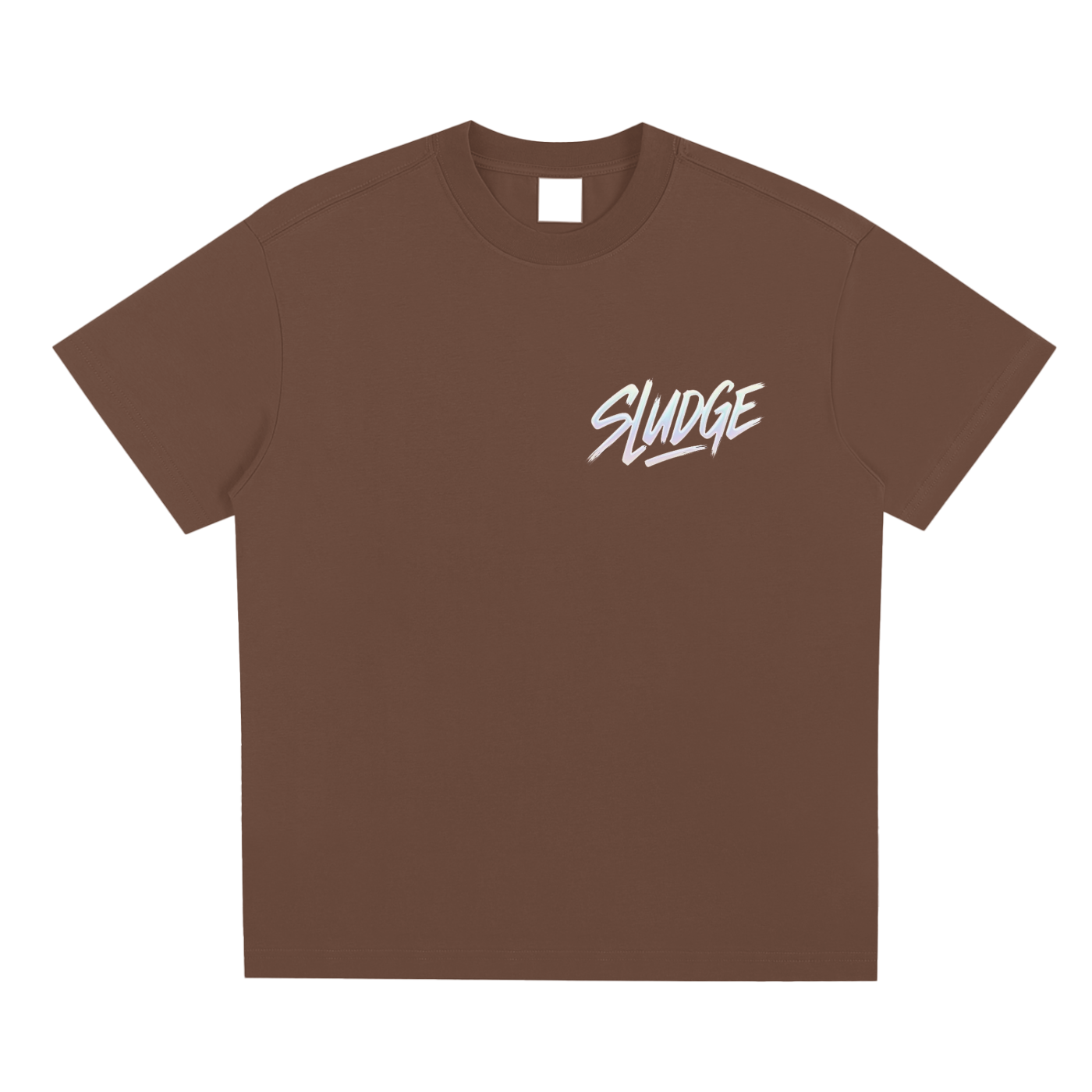 Brown t-shirt with 'Sludge' logo on a white background