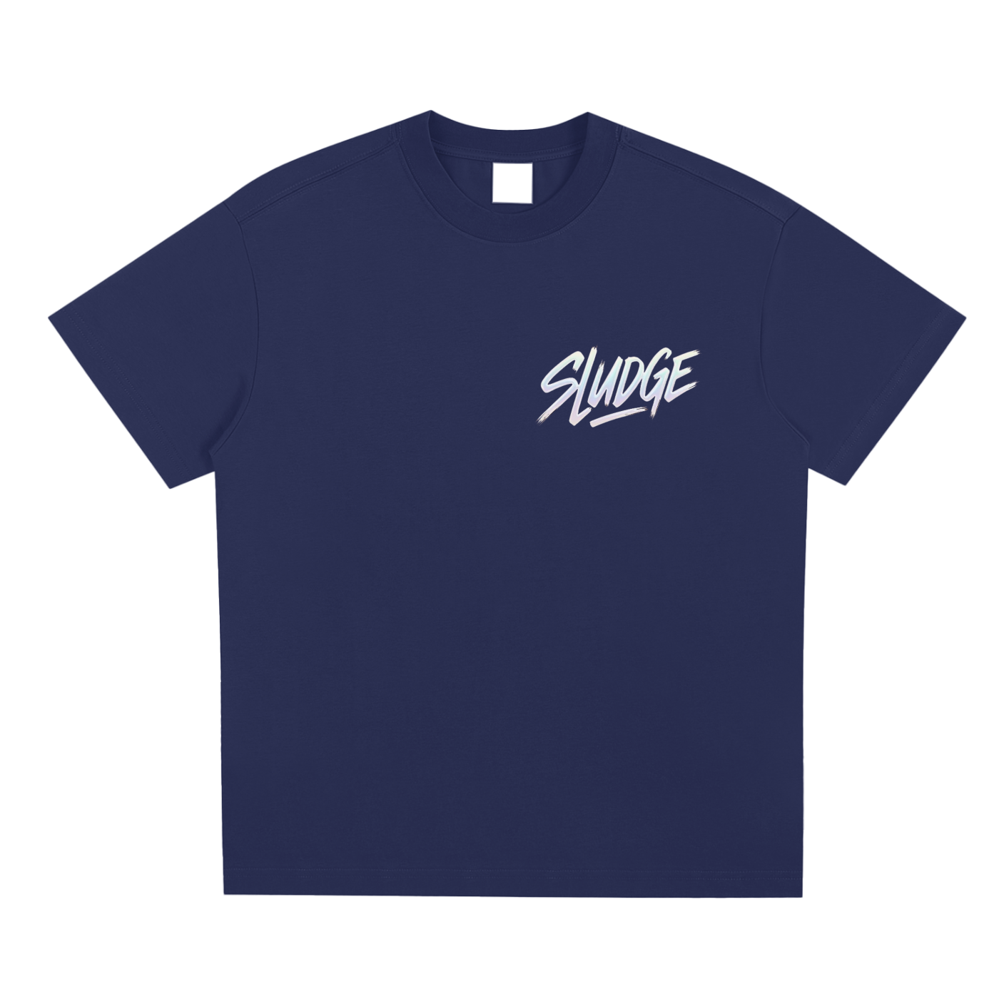 Navy blue t-shirt with 'Sludge' logo on a white background
