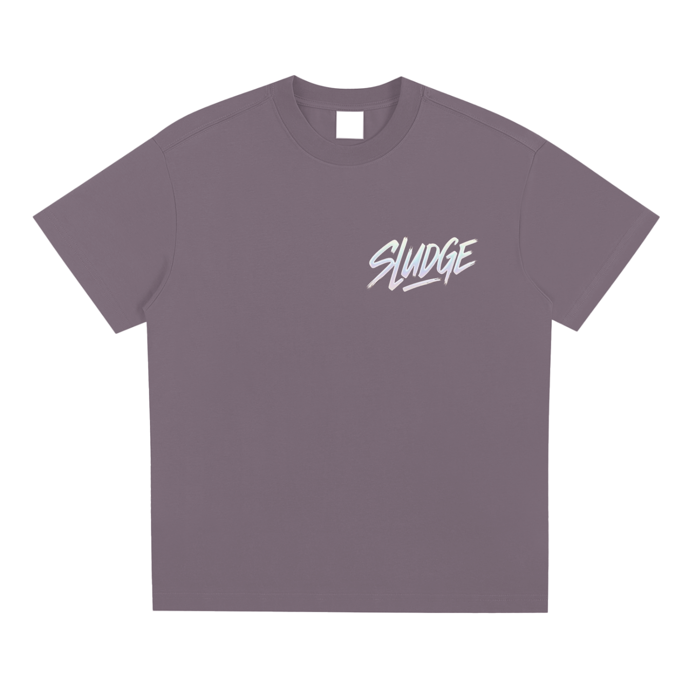 Purple t-shirt with 'Sludge' logo on a white background