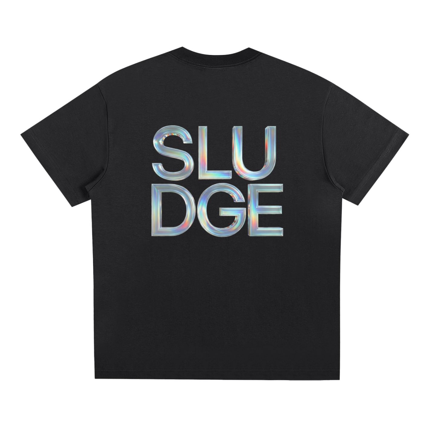 Black t-shirt with 'SLUDGE' text in metallic silver on a white background