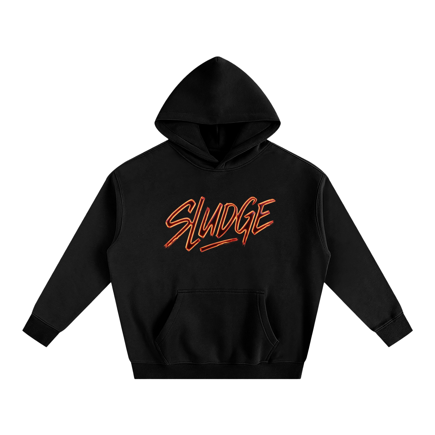 Black hoodie with 'SLUDGE' text in orange on a white background