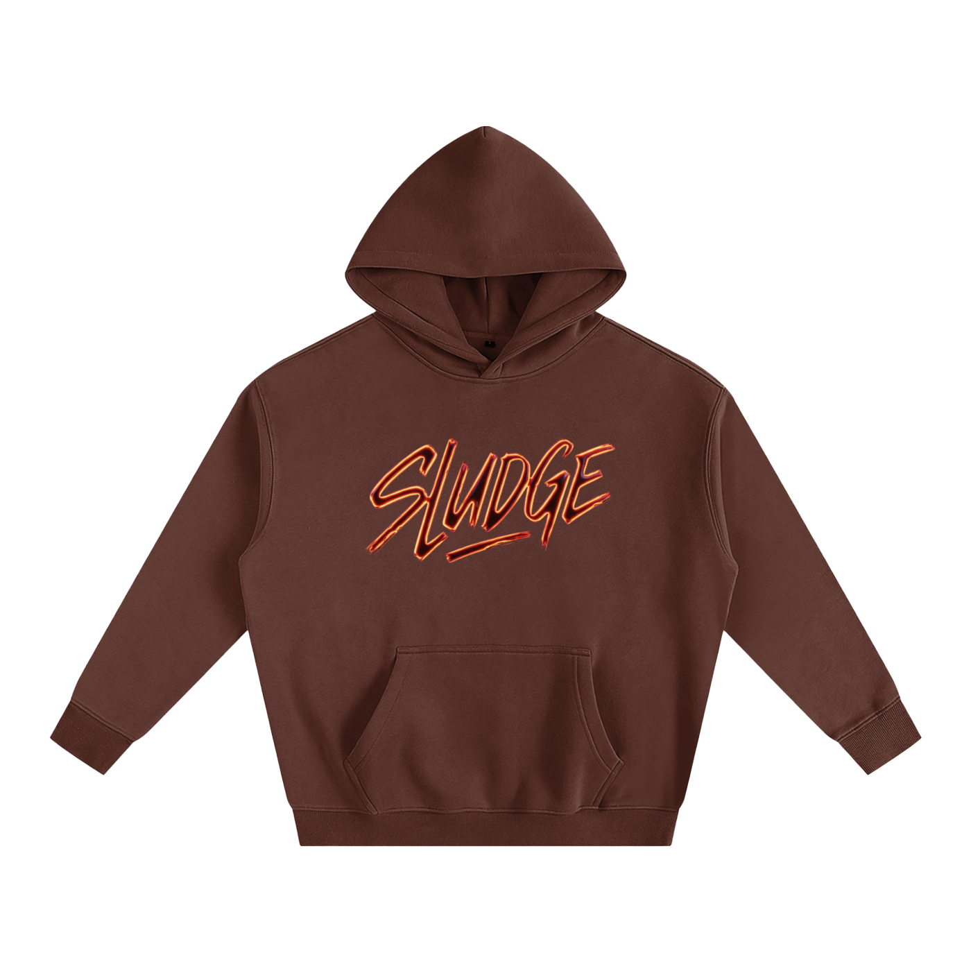 Brown hoodie with 'SLUDGE' text on a white background