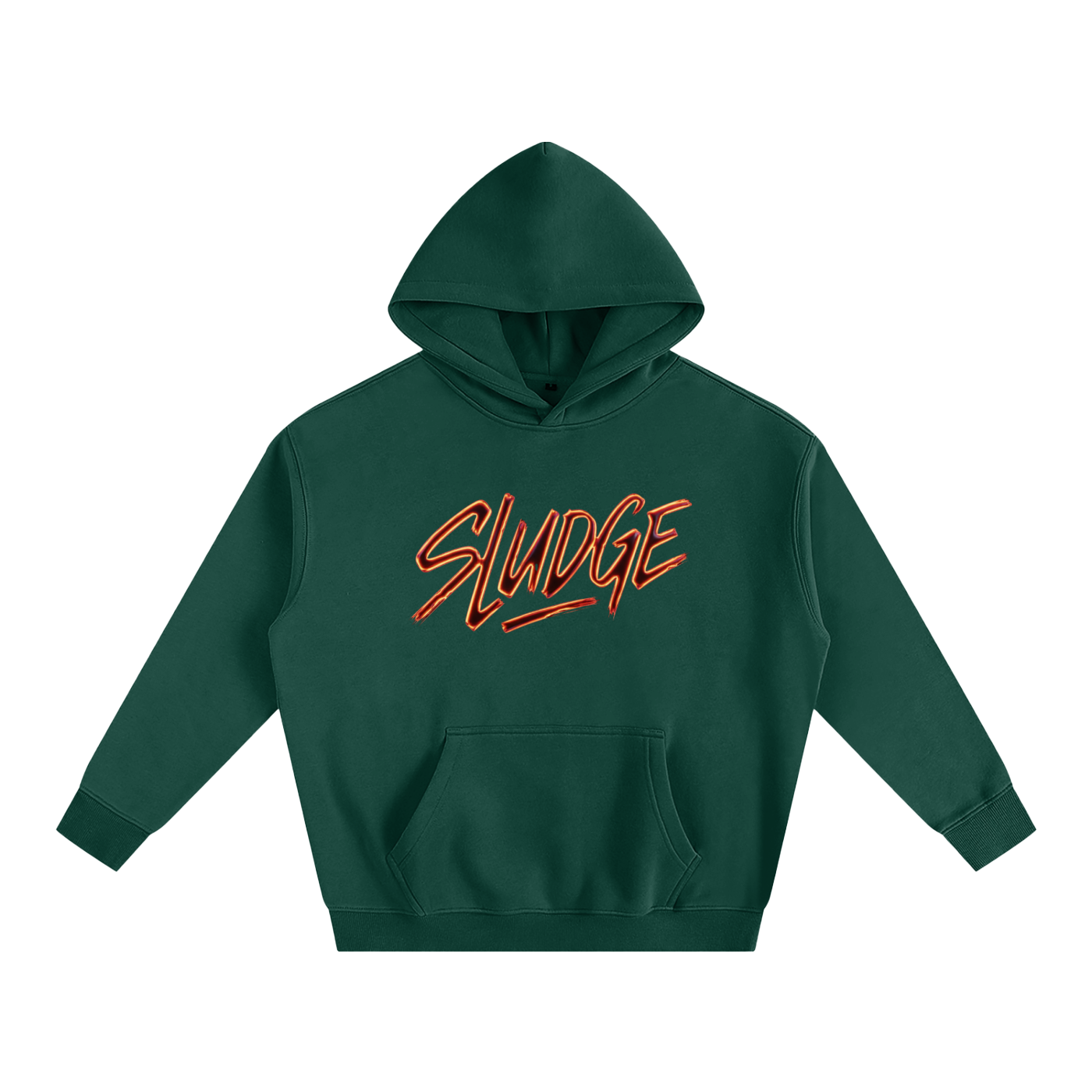 Green hoodie with 'SLUDGE' text on a white background
