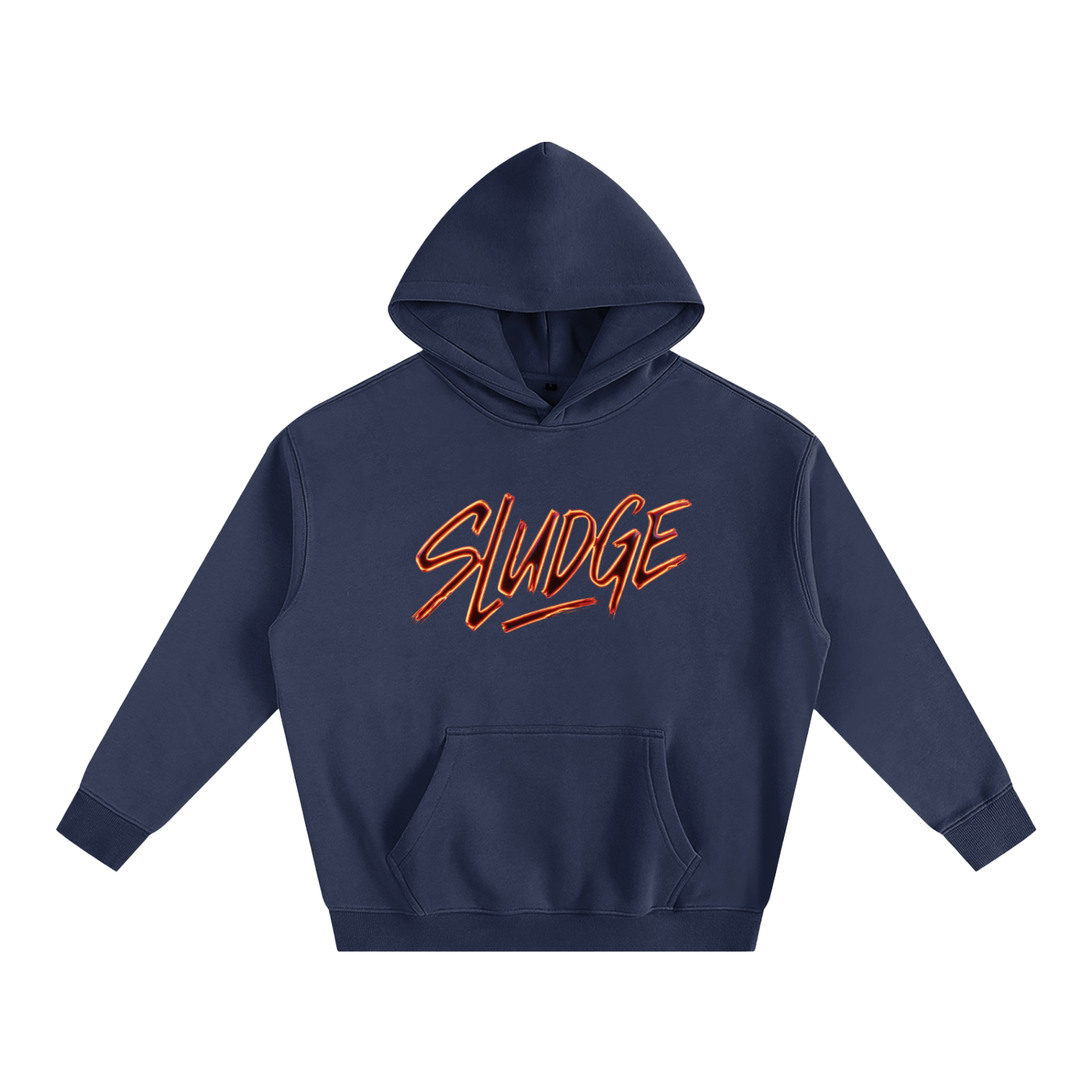 Navy blue hoodie with 'SLUDGE' text in Orange on a white background