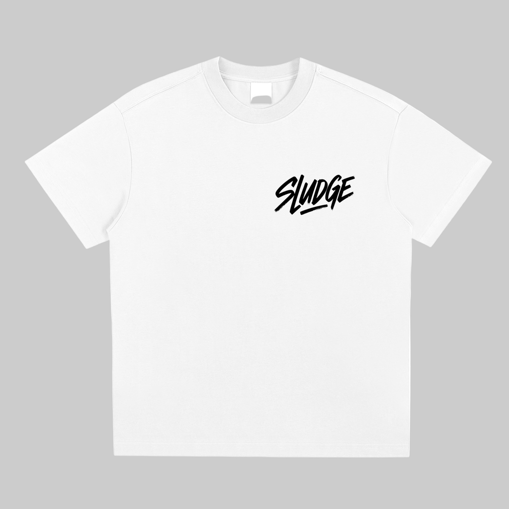 White t-shirt with 'SLUDGE' text on a grey background