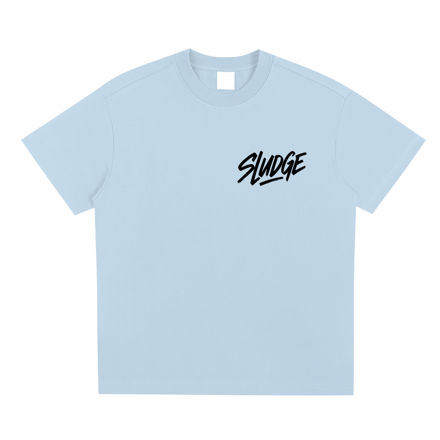 Light blue t-shirt with 'Sludge' text on a white background