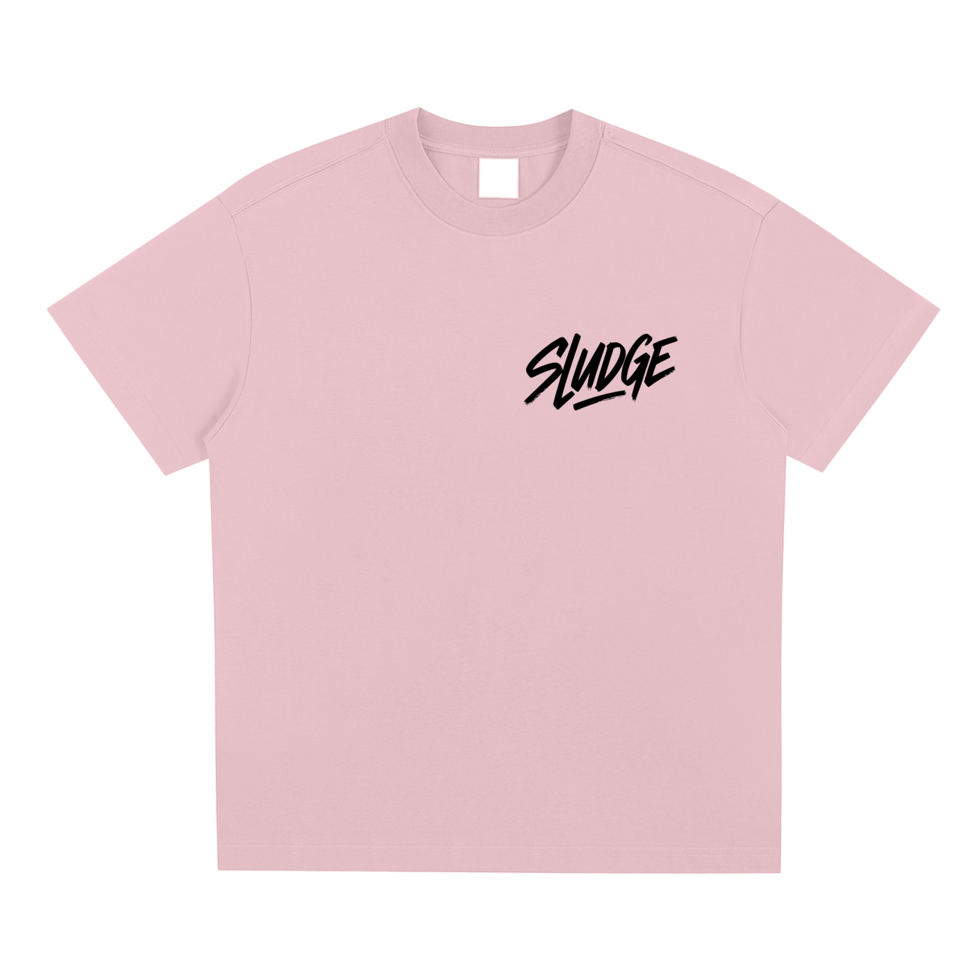 Pink t-shirt with 'Sludge' text on a white background