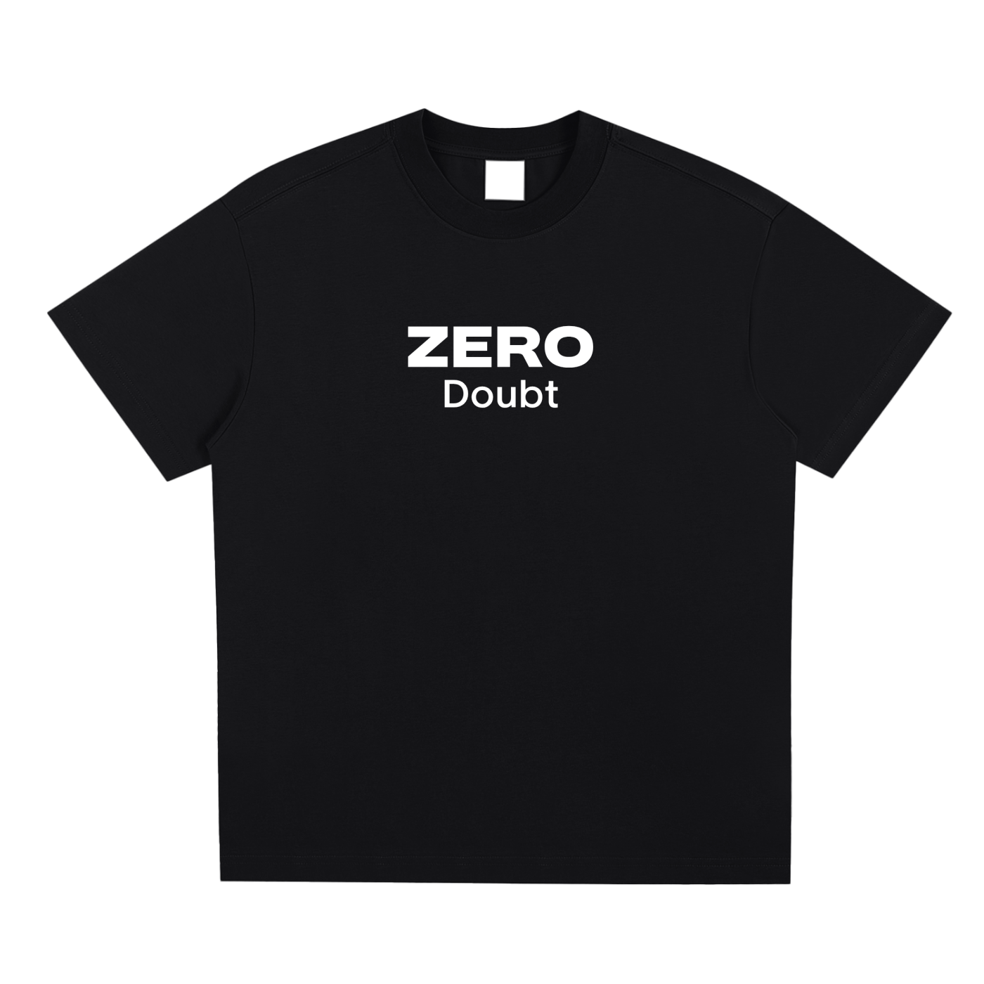 Black t-shirt with 'ZERO Doubt' text on a white background