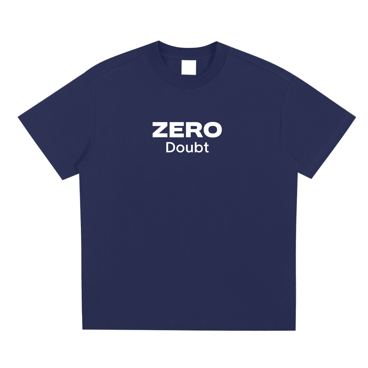 Blue t-shirt with 'ZERO Doubt' text on a white background