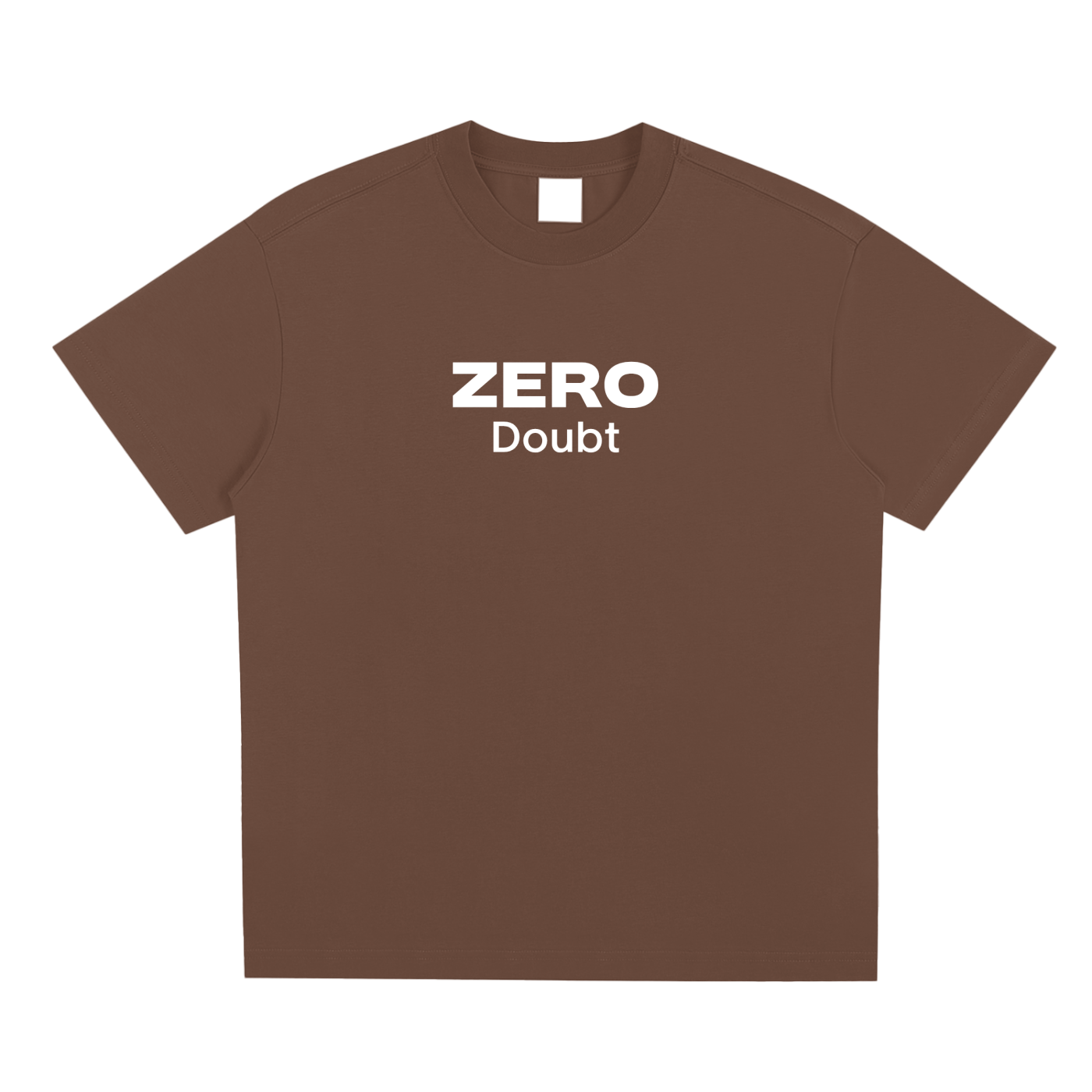 Brown t-shirt with 'ZERO Doubt' text on a white background