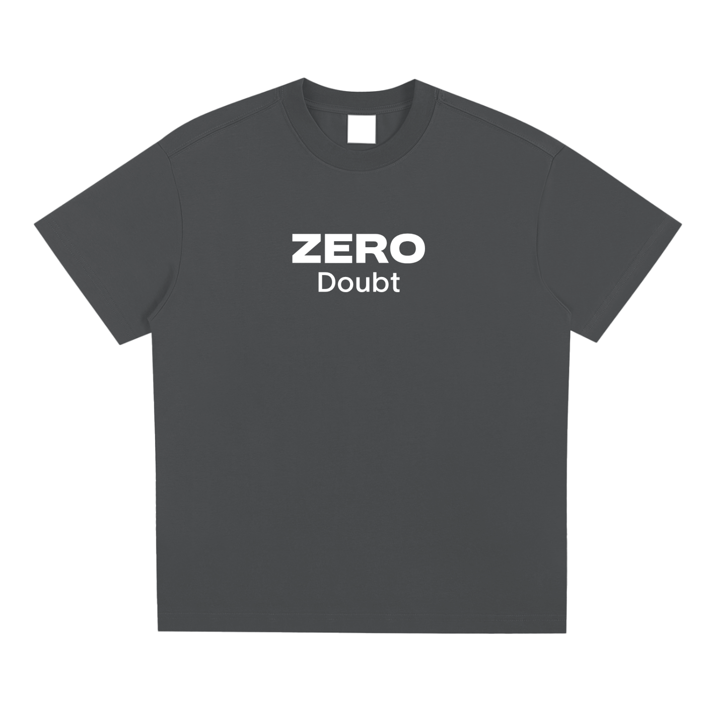 Black t-shirt with 'ZERO Doubt' text on a white background