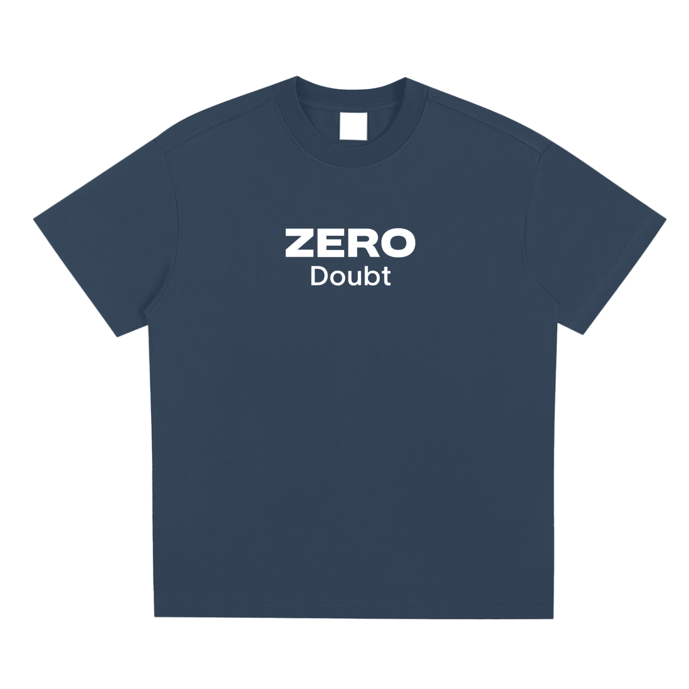 Navy blue t-shirt with 'ZERO Doubt' text on a white background